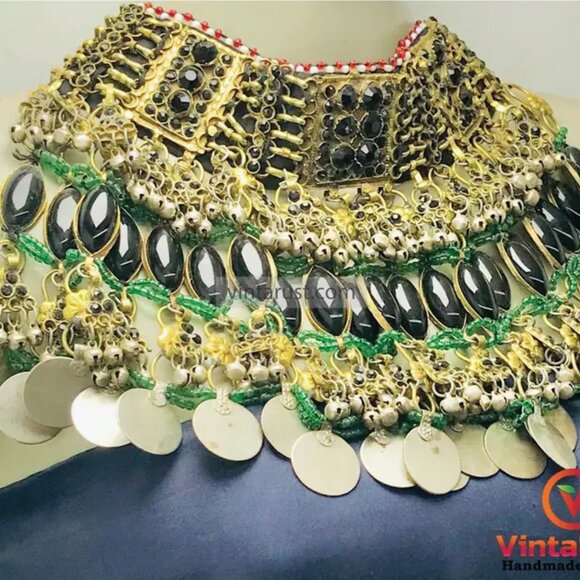 Black Gypsy Layered Choker Necklace, Handmade Necklace With Black Glass Stones - Picture 5 of 11